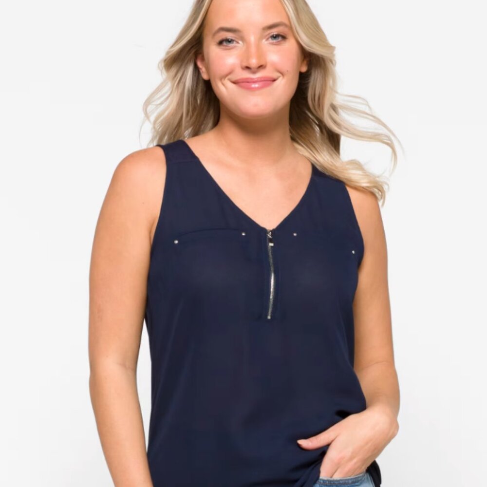 Worn 1x - FORTUNE + IVY Lighton Zip Detail Mixed Material Blouse - Navy - Small